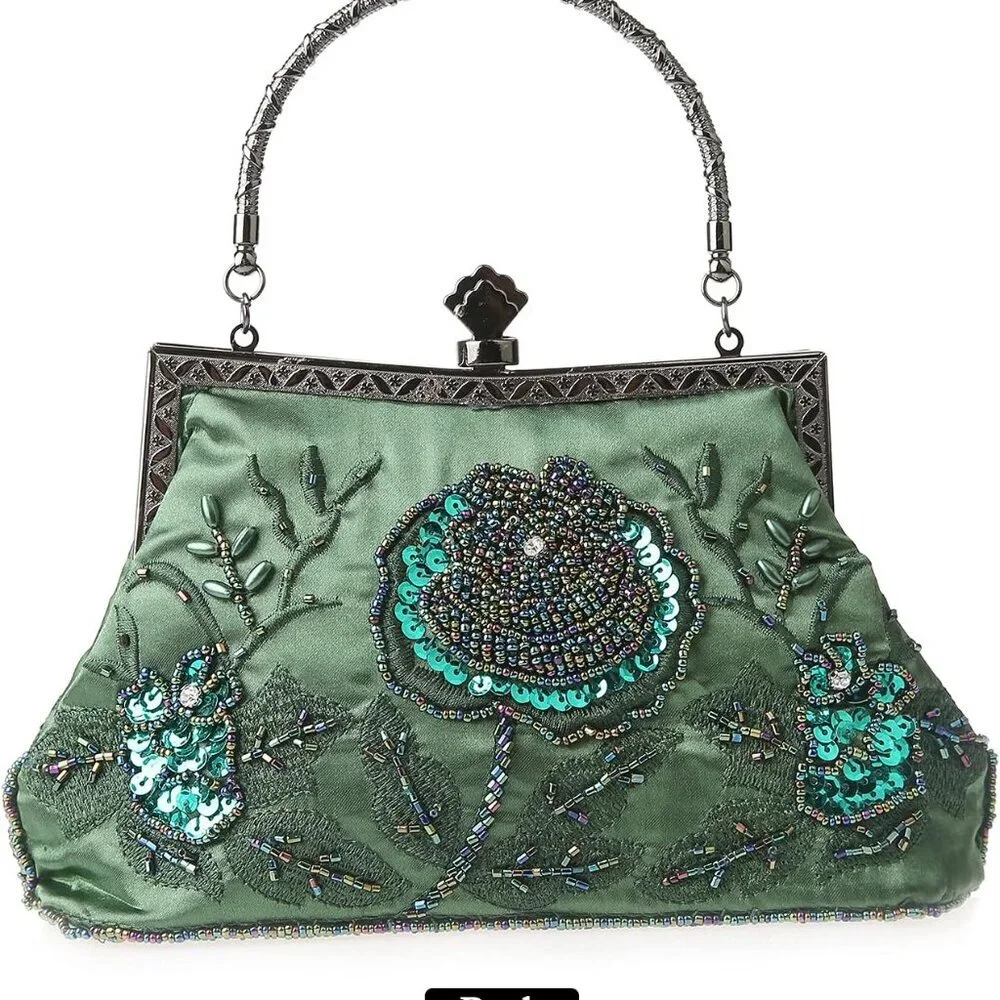 Womens Vintage Floral Beaded Rhinestone Embroidery Clutch Sequin Crossbody Bag E - Picture 2 of 7